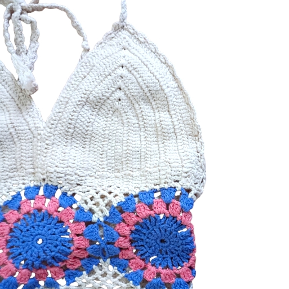 Ecote -Crochet Halter Top with Pink and Blue Accents - Size Small - Picture 2 of 4
